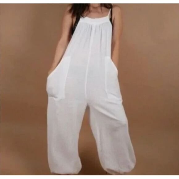 Anthropologie SATURDAY SUNDAY Women Gauze Jogger Jumpsuit Sz M White Ties 67-18